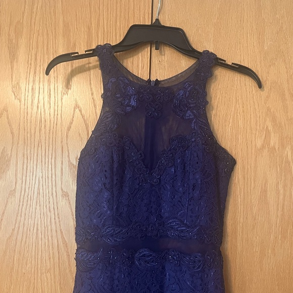 PromGirl Navy Blue Lace Mermaid Dress with Mesh Paneling - Picture 3 of 5
